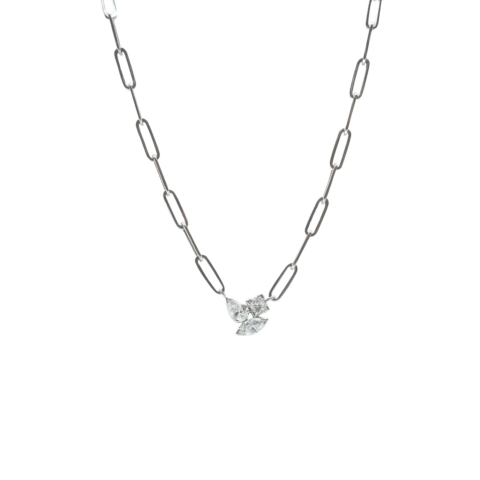 WHITE GOLD DIAMOND CLUSTER PAPERCLIP CHAIN NECKLACE - STANDARD LENGTH