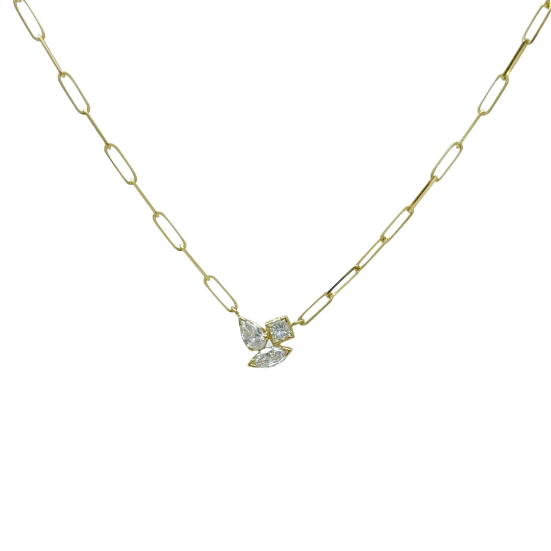 YELLOW GOLD DIAMOND CLUSTER CONTEMPORARY NECKLACE - LONG CHAIN